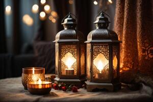 ai generado un linterna, suavemente iluminado por un vela, tradicional aduana observado durante Ramadán kareem fondo de pantalla bandera con Copiar espacio. foto