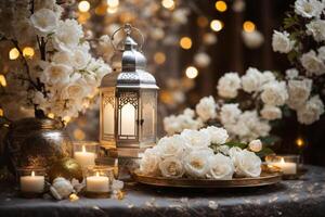 AI generated A lantern, softly lit by a candle, traditional customs observed during Ramadan Kareem. Wallpaper banner with copy space. photo