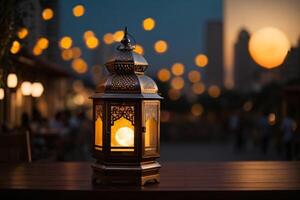 ai generado un linterna, suavemente iluminado por un vela, tradicional aduana observado durante Ramadán kareem fondo de pantalla bandera con Copiar espacio. foto