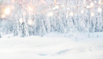 fresh snow and mountain landscape with firs background Christmas banner photo