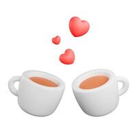 two cups of coffee with hearts, concept of having coffee together, cartoon coffee cups, 3d render photo