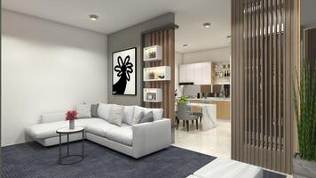 moderno y minimalista vivo habitación diseño con cómodo sofá, 3d ilustración foto