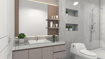 Wooden Washbasin Cabinet with Display Rack and Mirror Panel for Interior Bathroom 3D Illustration photo