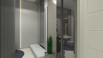 corredor interior diseño con minimalista amortiguar banco, 3d ilustración foto