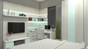 Modern Interior Bedroom with Tv Cabinet and Workspace, 3D Illustration photo
