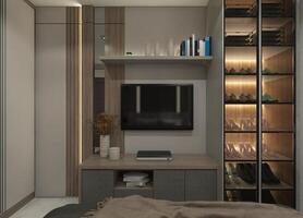 Modern Tv Cabinet Design and Wooden Wardrobe Cabinet, 3D Illustration photo