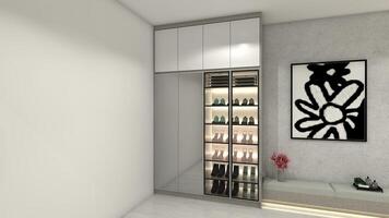 Modern Wardrobe Cabinet with Shoe Displays Ideas, 3D Illustration photo