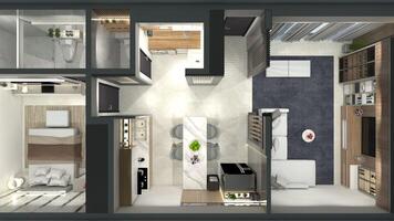 lujo Departamento piso planes diseño con uno dormitorio, 3d ilustración foto