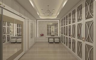 Modern and Luxury Fitting Room Design Using White Cabinet and Door Ornament 3D Illustration photo