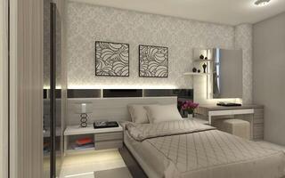 Minimalist Bedroom Design Using Simple Headboard 3D Illustration photo