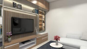 Modern Television Cabinet with Wooden Furnishing, 3D Illustration photo