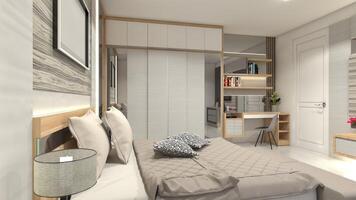 Luxury Master Bedroom Design with Wooden Wardrobe and Table Desk 3D Illustration photo