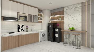 Minimalist Kitchen Cabinet Design with Bar Table Area and Wall Background, 3D Illustration photo