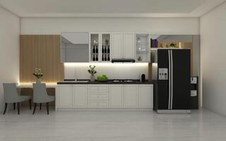 Modern Kitchen Design Using White Counter Kitchen and Simple Bar Table with Wooden Panel 3D Illustration photo
