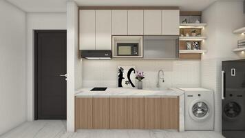 Minimalist Kitchen Design with Clothes Washing Machine, 3D Illustration photo