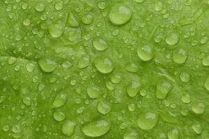Green leaf macro in drops of water. Green  lettuce leaf with large drops after the rain. green leaf texture close up. Nature green bright background photo