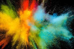 Colored powder explosion. Abstract closeup dust on backdrop. Colorful explode. Paint holi photo