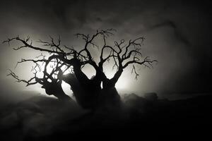 Silhouette of scary Halloween tree on dark foggy toned background with moon on back side. photo