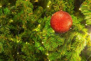 Bright and abstract blurred colorful on Christmas tree with shimmering glitter, defocused background photo