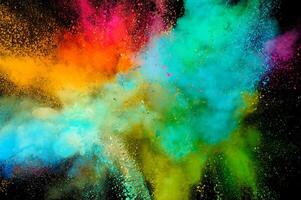 Colored powder explosion. Abstract closeup dust on backdrop. Colorful explode. Paint holi photo