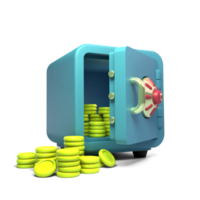 aberto banco cofre com ouro moedas 3d realista ícone. financeiro crescimento do poupança e proteção do dinheiro poupança. 3d render ícone png