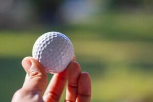 Close-up of Female hand holding golf ball with green background. photo