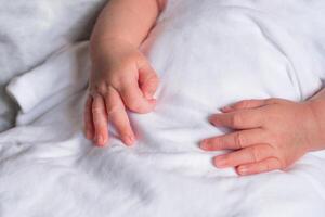 Hands of newborn showing OK gesture in sign language on white cloth. Close-up of baby hands photo