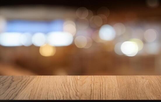 Empty dark wooden table in front of abstract blurred bokeh background of restaurant . can be used for display or montage your products.Mock up for space. photo
