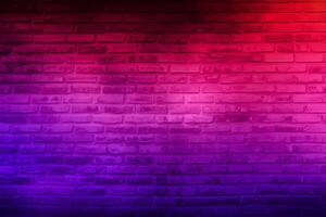 Neon light on brick walls that are not plastered background and texture. Lighting effect red and blue neon background of empty brick basement wall. photo