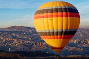 Hot air balloon flight in Goreme in Turkey during sunrise. Ride in a hot air balloon, the most popular activity in Cappadocia. Romantic and famous travel destination. photo