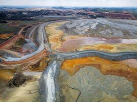 Aerial view of Mining activity. Apocalypse scenery. Earth destruction. Disruption of nature.  Extracting natural resources from the Earth to sell on the world market. Ecological disaster. photo