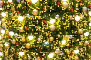 Bright and abstract blurred colorful on Christmas tree with shimmering glitter, defocused background photo