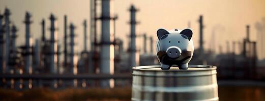 AI Generated Piggy bank on an oil barrel in an industrial setting. Financial concept. Investing in petroleum products refining plants. Panorama with copy space. photo