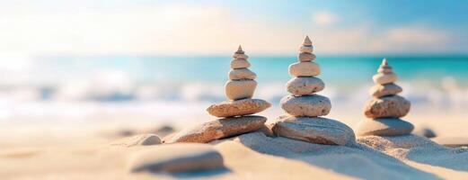 AI Generated Serene Beach with Stone Cairns at Sunset. Balance and calm depicted through stacked stones on a tranquil seashore, as the sun dips low. photo