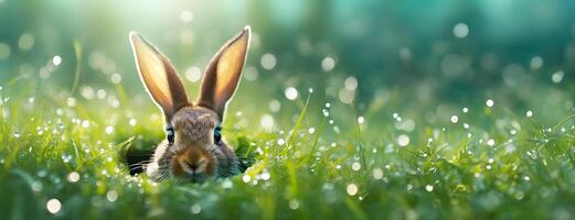AI Generated A rabbit peeking out from a burrow in a lush green field with dew and sunlight. Easter bunny. Panorama with copy space. photo