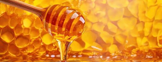 AI Generated A close-up of a honey dipper lifting honey from a comb, showcasing the golden viscosity. Panorama with copy space for your text. Banner. photo