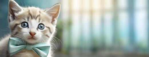 AI Generated Adorable kitten with striking blue eyes wears a bow tie. This feline's wide-eyed gaze and dapper neckwear suggest a curious yet refined character, set against a soft, blurred home photo