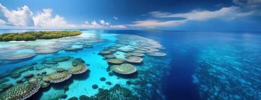 AI Generated Australia Day reflects the spirit of the land down under, iconic landmarks and natural wonders. A panoramic aerial view of the Great Barrier Reef, turquoise waters of Australia's marine photo