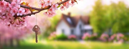 AI Generated Key hangs on blooming spring tree against country house background. Cherry blossom in green garden landscape . Real estate, moving home or renting property concept. photo