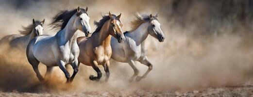 ai generado manada de caballos Galopando mediante polvoriento camino. un dinámica escena con varios caballos en medio galope, polvo creciente debajo a ellos, velocidad, poder y libertad concepto. panorama con Copiar espacio. foto