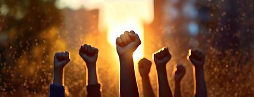 AI Generated Raised fists caught in the sunset symbolize unity and strength. Silhouettes of workers raised hands during parade at dusk. Power and solidarity of a group celebrating Republic Day in photo