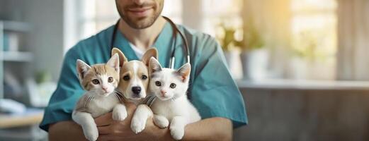 ai generado veterinario participación dos cachorros y un gatito. un sonriente hombre en azul matorrales sostiene adorable mascotas, simbolizando cuidado y compasión para animales panorama con Copiar espacio. foto