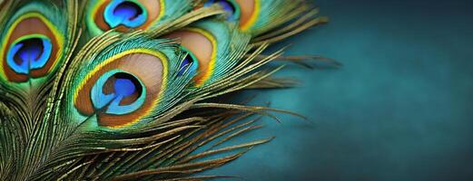 AI Generated Vibrant Peacock Feathers background. Panorama with copy space, minimalistic. photo