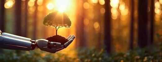 AI Generated Robotic Hand Cradling a Young Tree at Sunset. Earth Day and Arbor Day concept. A metallic robot arm holds a sapling with care against a forest backdrop. Panorama with copy space. photo