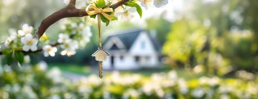 AI Generated House key hanging from a blooming tree branch in spring garden. Flowering background, blurred private home. Real estate, moving home or renting property concept. Panorama with copy space. photo