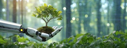 AI Generated Robotic arm holding a small tree in a forest. An AI robot hand cradles a sapling, highlighting the role of technology in environmental conservation and planet protection. Panorama with photo