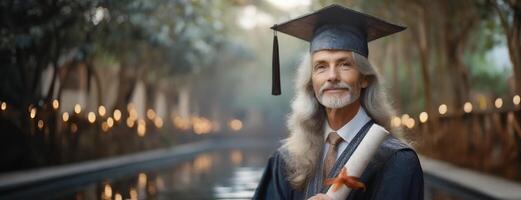 AI Generated Senior Graduate Celebrating Achievement in Academia. An elderly graduate in academic regalia celebrates a lifetime of learning against an enchanted backdrop. photo