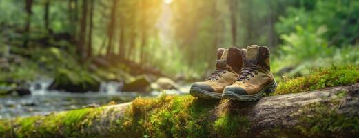 AI Generated Hiking boots rest on a mossy log in a vibrant forest setting. Summer stream on the background. Panorama with copy space. photo