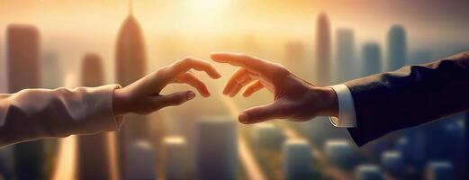 AI Generated Two hands nearly touch in a gesture that signifies connection and partnership, modern city sunrise background. Before a handshake, new beginnings and collaborative ventures in urban photo