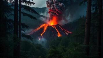 AI generated a volcano erupting with smoke and lava video